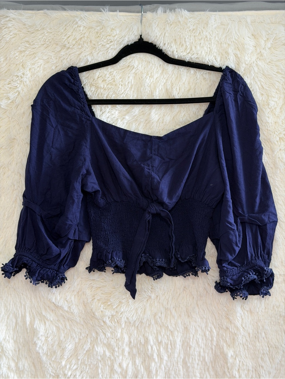 White Birch Womens Boho Peasant Crop Top M Navy Blue Smock Linen Blend Tie Front